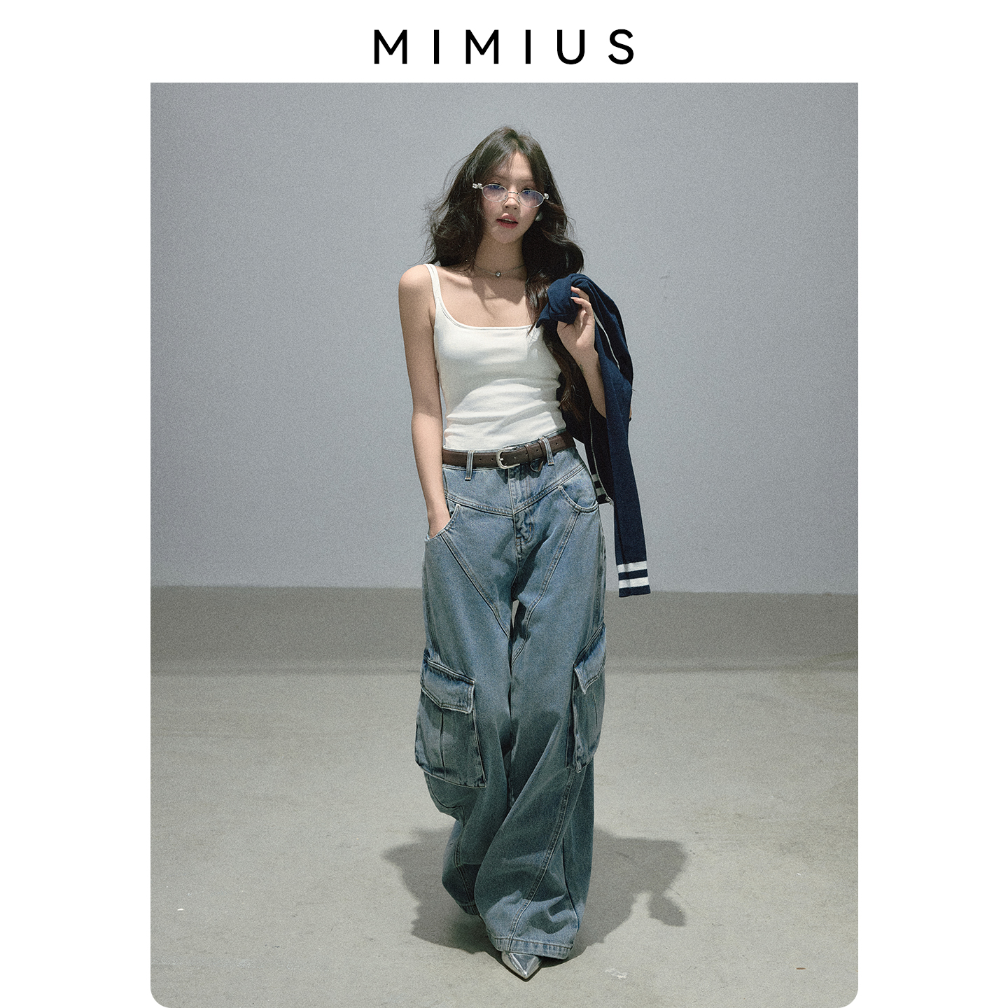 【mimius】游鹿鹿 明星同款复古大口袋重工斜线分割牛仔工装裤女