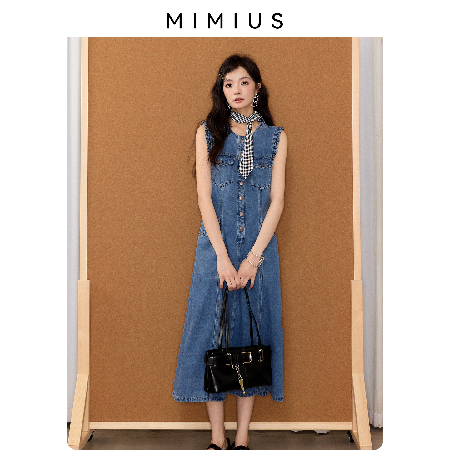 【mimius】游鹿鹿 复古摩登优雅通勤单排扣收腰牛仔裙无袖连衣裙