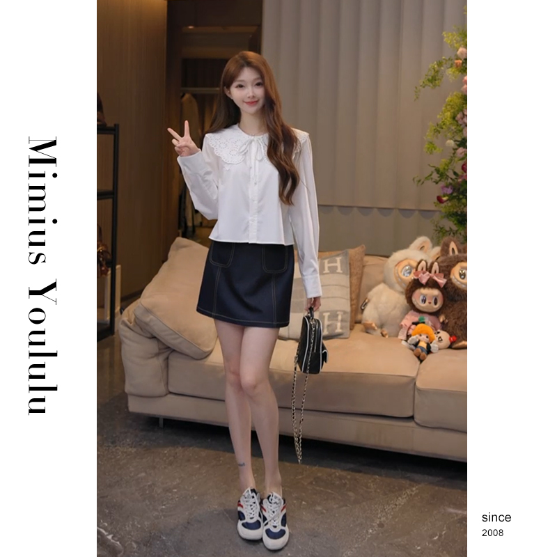 【mimius】游鹿鹿 淑女气质法式镂空大翻领长袖衬衫+牛仔裙裤 G06