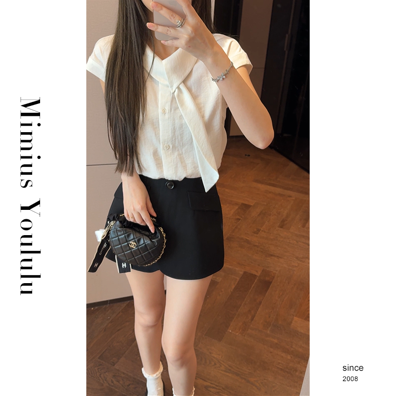 【mimius】游鹿鹿 韩系随性慵懒简约休闲不规则领带衬衫 G07020