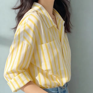春节不打烊 黄白色竖条纹长袖/短袖衬衫女2026春夏季新款衬衣
