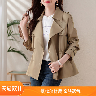 短款风衣外套女双排扣2026年春秋新西装领抽绳韩版小个子女士上衣