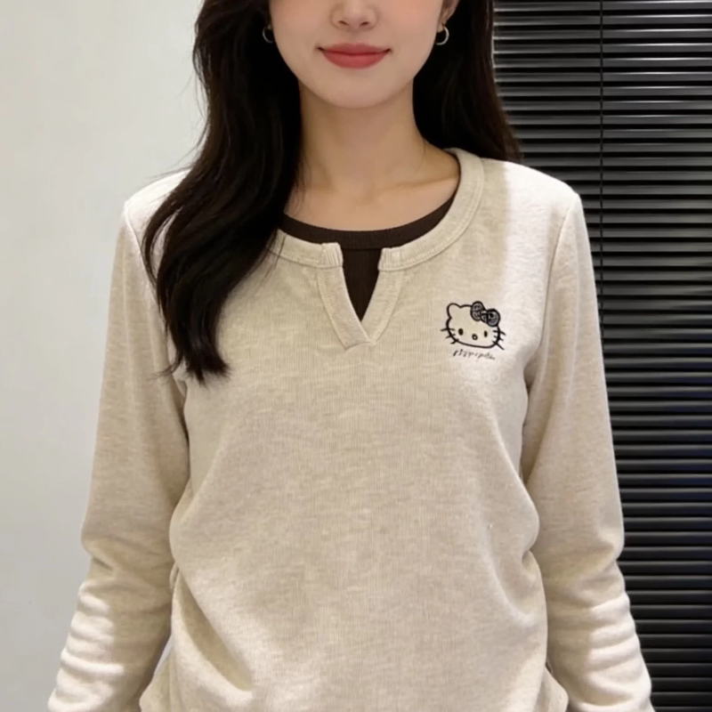 新款撞色拼接假两件长袖T恤女春秋季洋气小众打底上衣可外穿