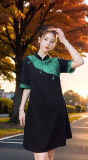 新中式复古改良旗袍连衣裙2024夏季新款短袖盘扣立体花纹拼色A版