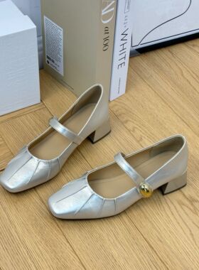 复古银色玛丽珍鞋女夏季2024新款小香风方头配裙鞋粗跟一字带单鞋