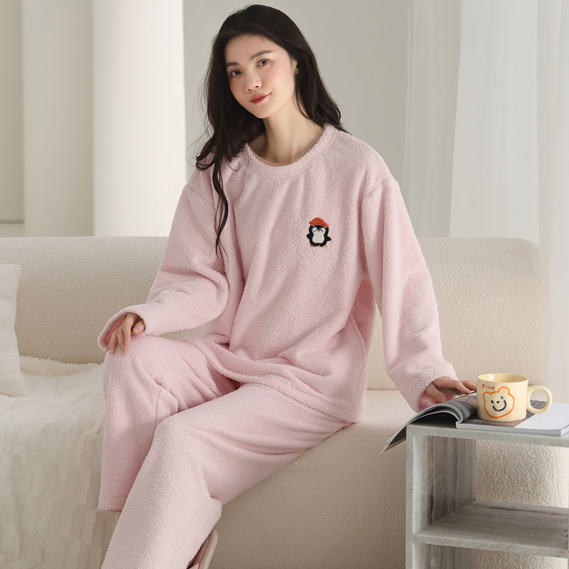 蓝色圆领半边绒睡衣冬加厚女款长袖长裤可外穿家居服秋冬2025新款