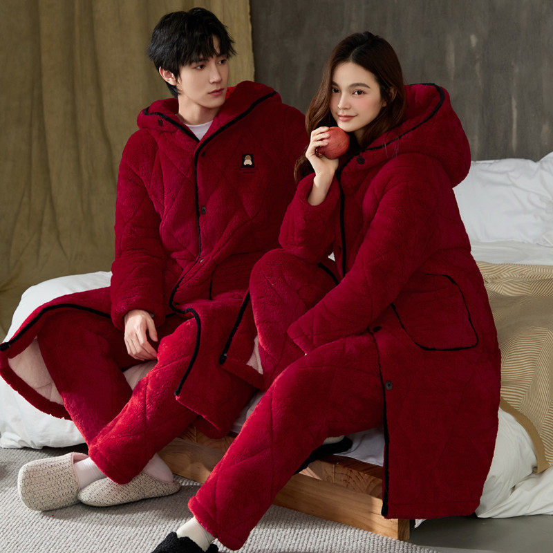睡袍女冬珊瑚绒夹棉三层加厚加长款情侣法兰绒棉袄连体睡衣男浴袍