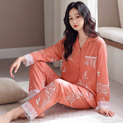 带胸垫睡衣女春秋季纯棉长袖大码可外穿中年妈妈感家居服套装