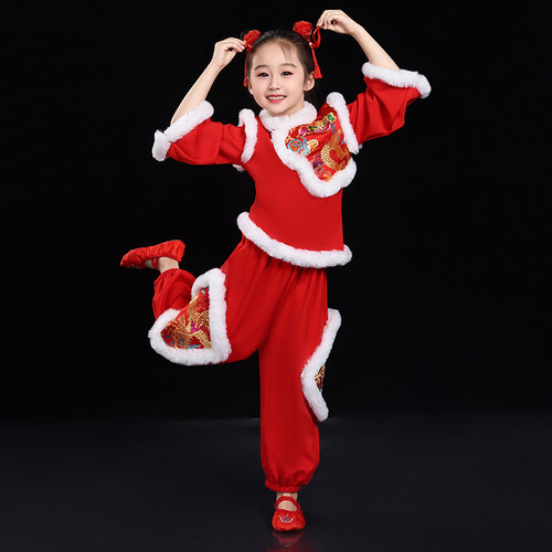 2025元旦新款儿童打鼓服灯笼舞开门红演出服红色喜庆东北秧歌服