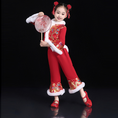 2025元旦新款儿童秧歌服女开门红演出服民族扇子舞红色喜庆打鼓服