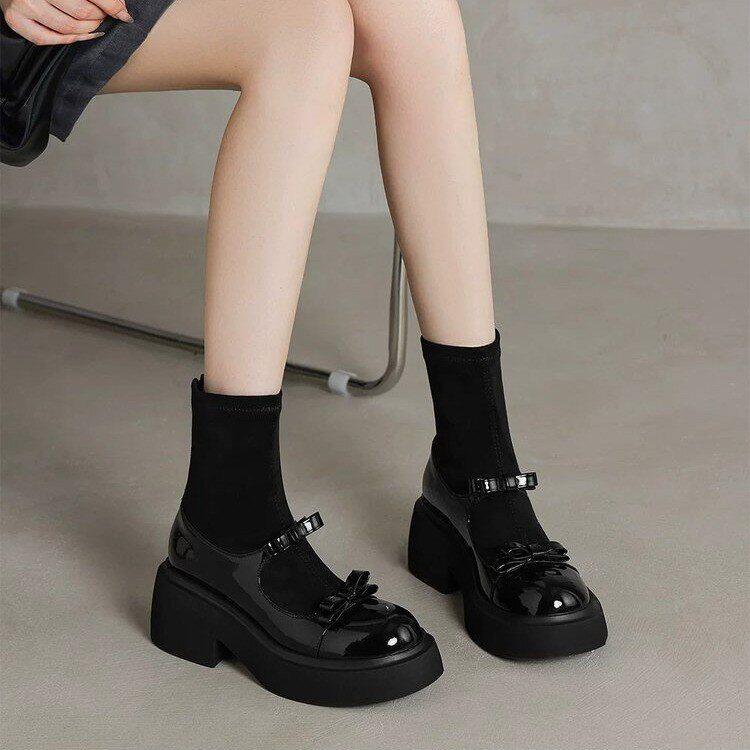 法式蝴蝶结厚底小皮鞋女2026新款秋冬单鞋粗跟玛丽珍鞋黑色高跟鞋