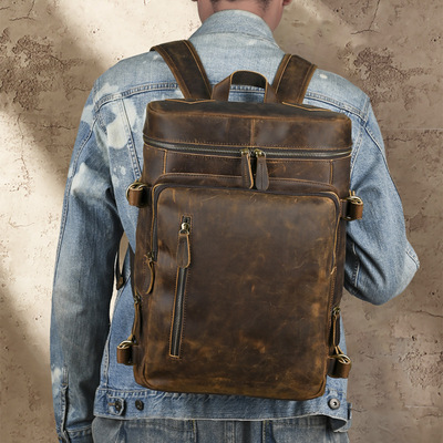 真皮双肩背包男款15.6寸复古电脑包疯马皮大容量旅行双肩包通勤