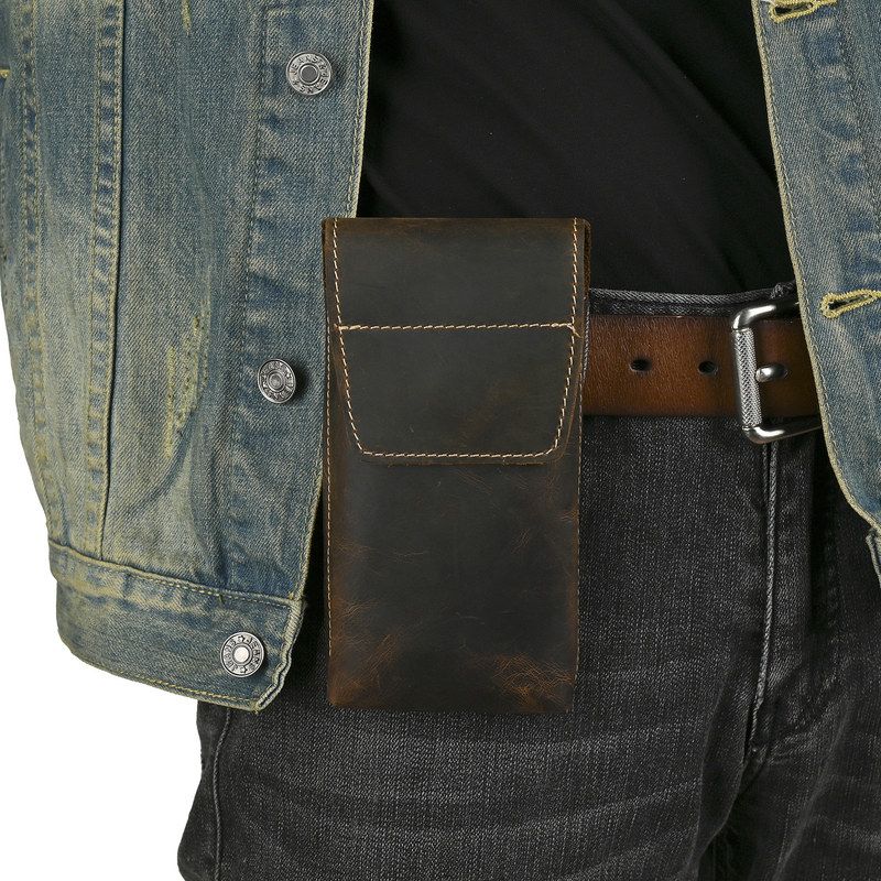 简约头层牛皮腰包真皮男士疯马皮包盖式可穿皮带手机包背包干活包