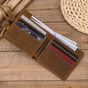 原创手工钱包短款男士真皮头层牛皮疯马皮简约复古超薄款小款钱夹