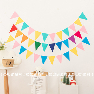 饰品 彩色无纺布三角小彩旗周岁生日节日派对挂旗幼儿园活动拉旗装