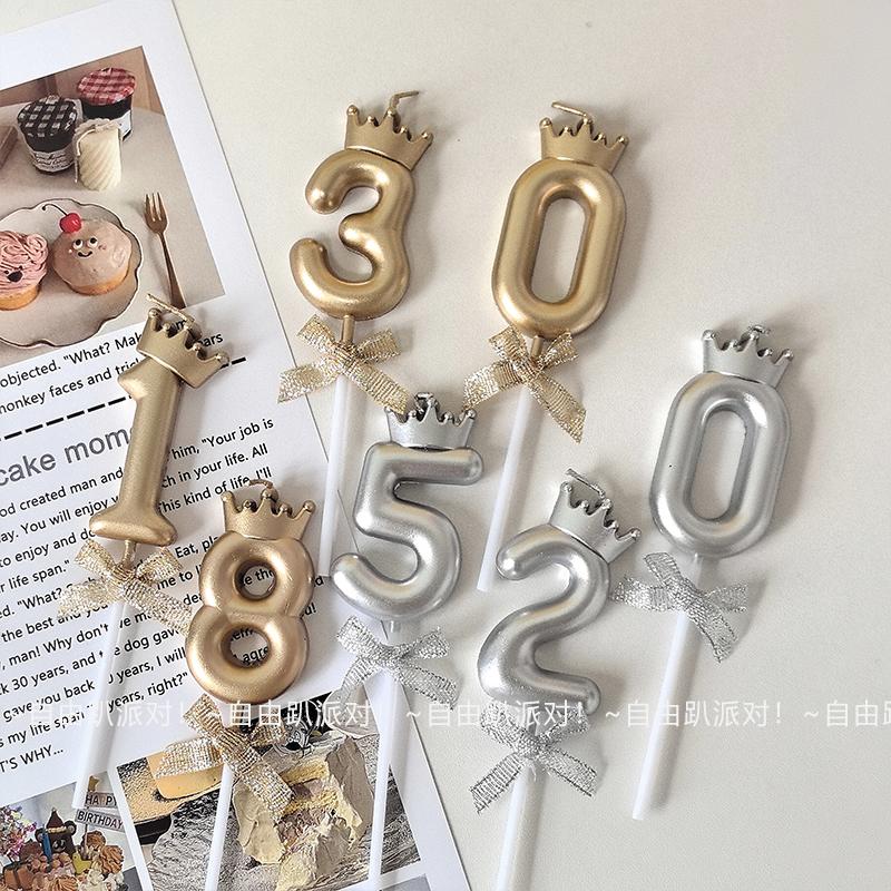 高级金色银色皇冠蝴蝶结数字蜡烛