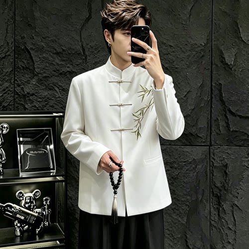 新中式立领竹刺绣男士西服套装