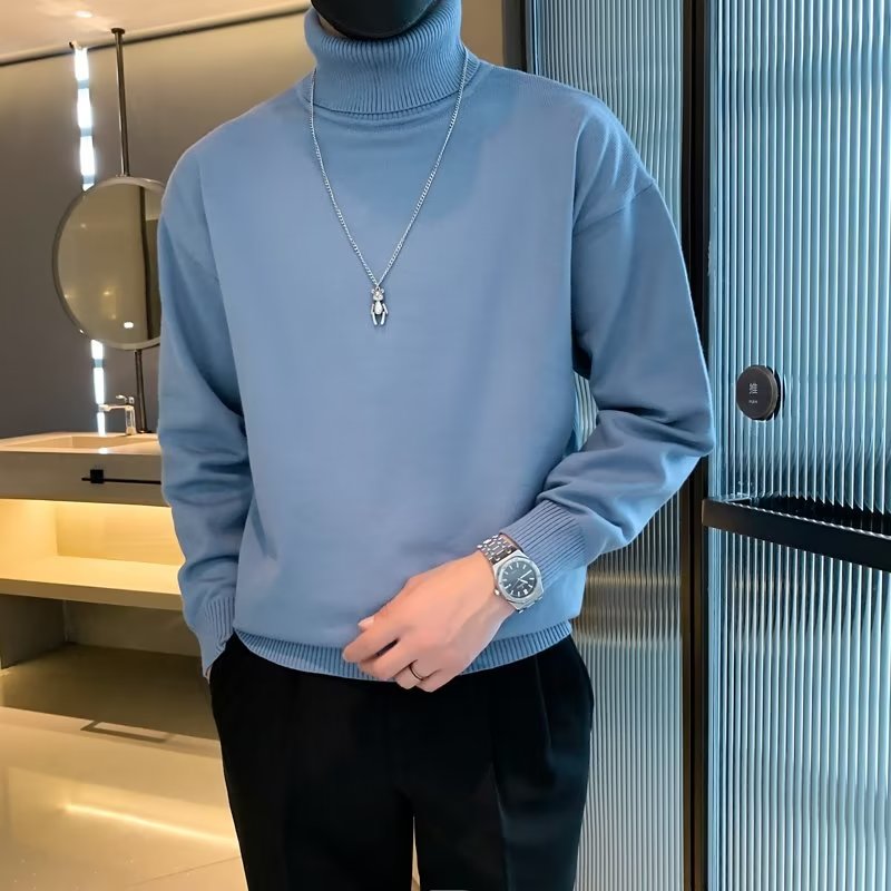 半高领毛衣男冬季慵懒风套头线衣黑色简约潮牌打底针织衫毛衣男生