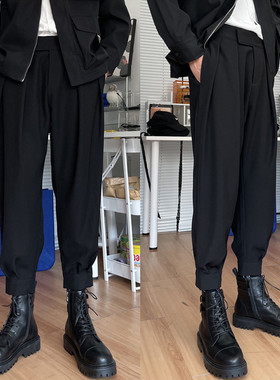 秋冬加绒九分束脚西裤搭配马丁靴的裤子男哈伦裤魔术贴痞帅休闲裤