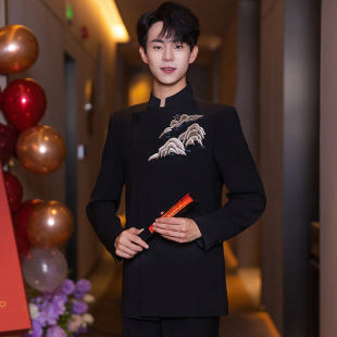 新中式男士婚服2025新款立领黑色复古中山装订婚帅气新郎结婚礼服