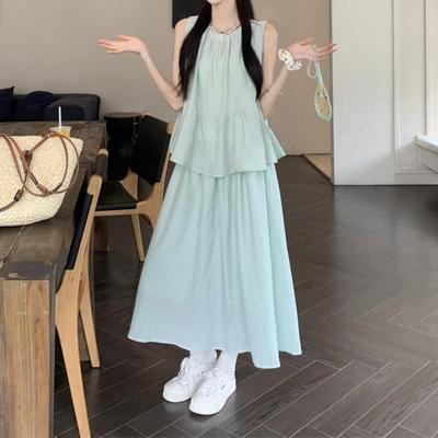 薄荷曼波绿套装女夏季甜美无袖背心上衣高腰A字半身裙时尚两件套
