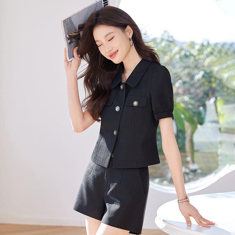 夏季名媛风气质西装翻领短袖外套短裤女高级感职业小香风西服套装