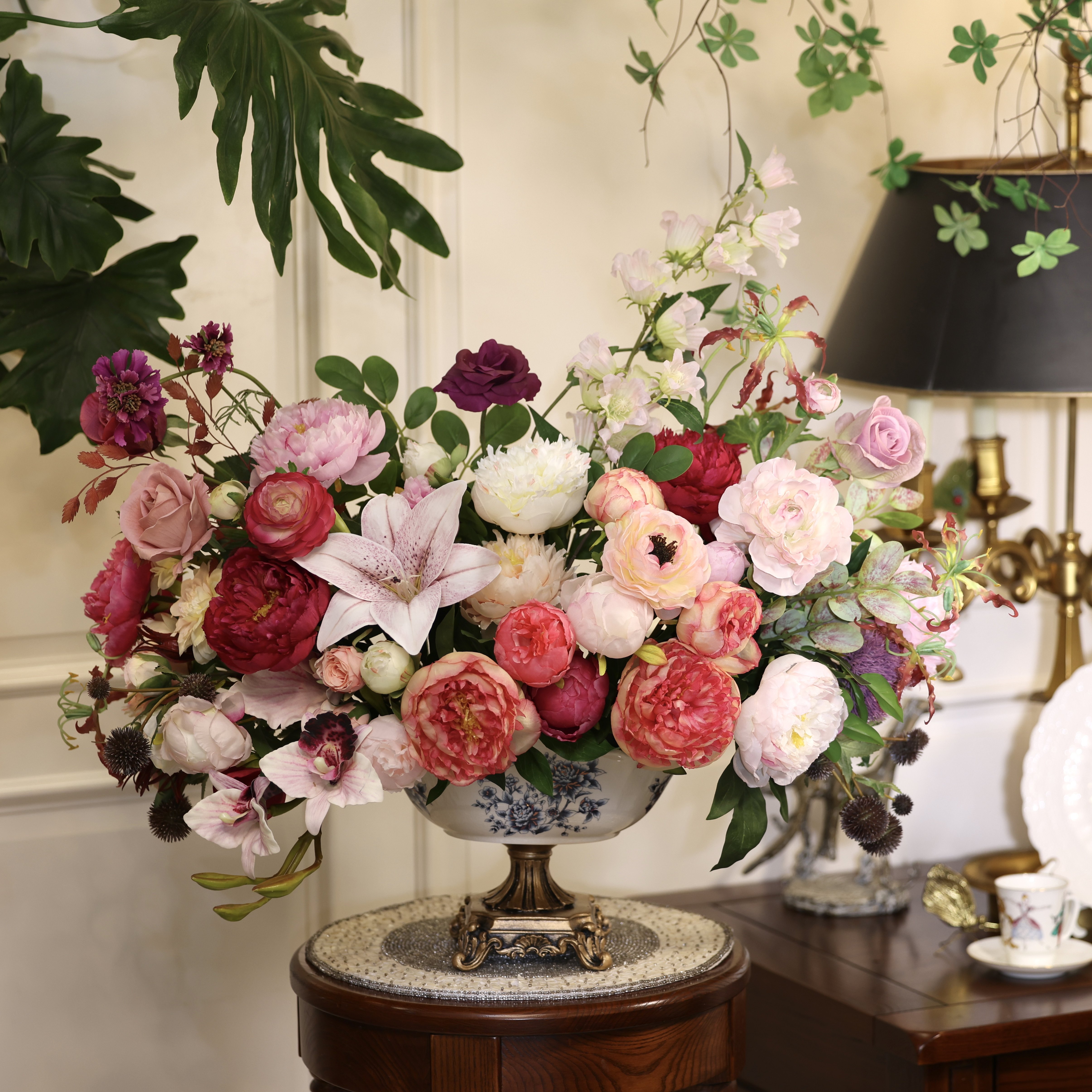 欧式复古油画感高仿真牡丹花艺青花鎏花器金法式客厅餐厅软装摆件