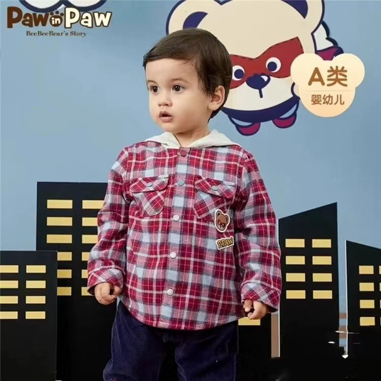 PAW宝英宝小熊纯棉加厚款长袖衬衫加绒酒红格子外套