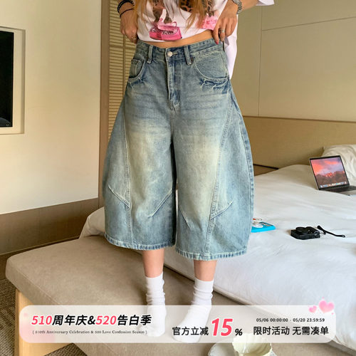 饭饭又饿了做旧水洗牛仔七分裤女