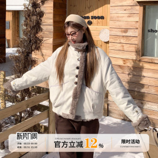 饭饭又饿了韩系双面穿皮毛一体外套冬季 巨好看加厚保暖派克服 女款