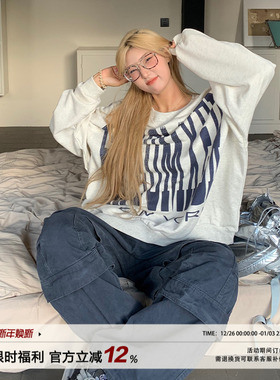 饭饭又饿了Rose同款美式复古印花卫衣女秋季宽松大版圆领长袖上衣