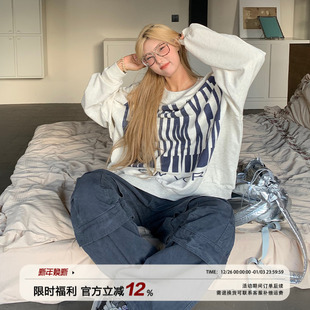 圆领长袖 饭饭又饿了Rose同款 宽松大版 复古印花卫衣女秋季 上衣 美式