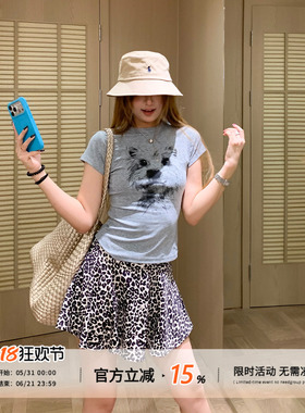 饭饭又饿了灰色小狗印花短袖t恤女春夏修身显瘦正肩短款圆领上衣