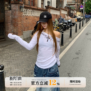 防晒罩衫 春季 设计感显瘦上衣 t恤女款 饭饭又饿了复古白色斜肩长袖