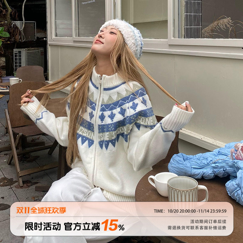 饭饭又饿了森系费尔岛毛衣外套女秋季慵懒风宽松显瘦百搭针织开衫