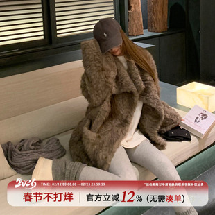 饭饭又饿了复古大翻领毛毛外套冬季女款保暖慵懒风宽松中长款大衣