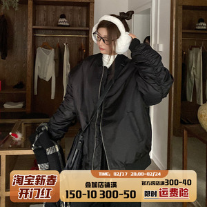 饭饭又饿了美式黑色加绒棒球服外套女冬季情侣飞行员夹克棉衣棉服