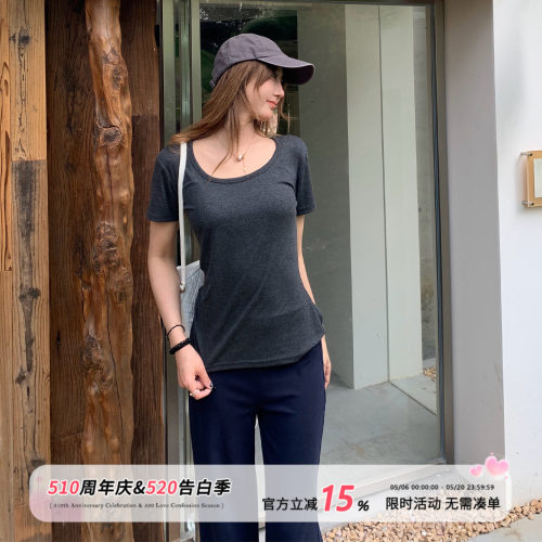 饭饭又饿了韩系u领短袖t恤女款