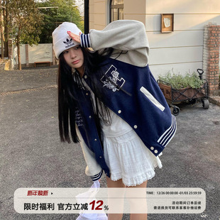 饭饭又饿了韩版 学院风宽松百搭夹克外套 复古英文刺绣棒球服女春季