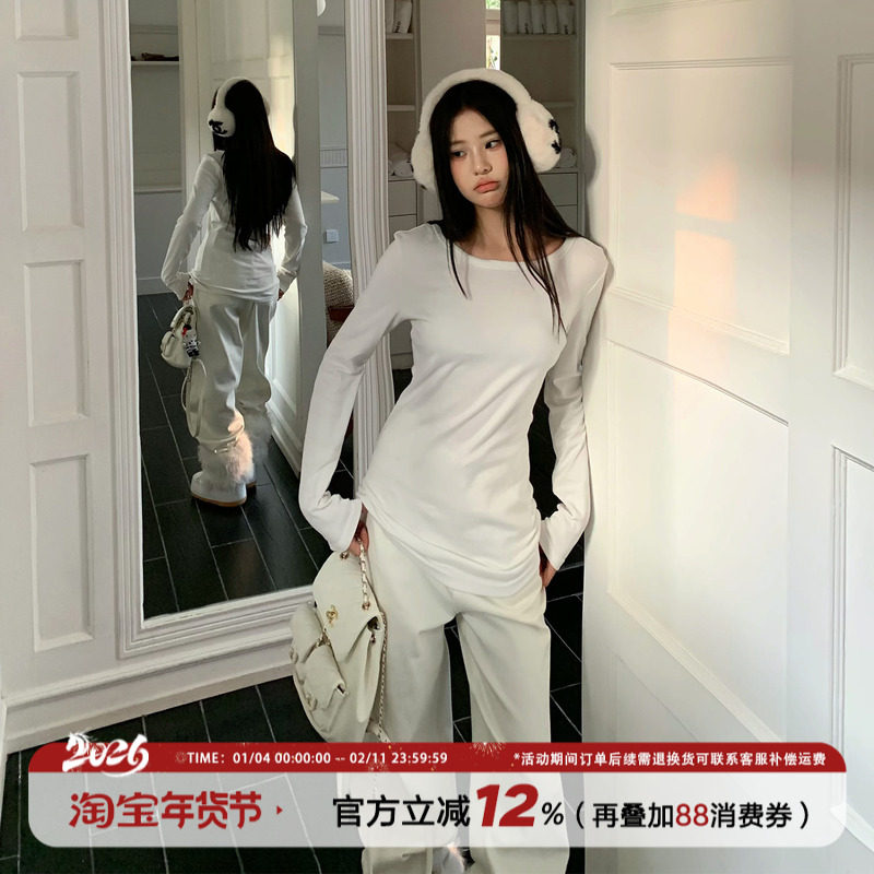 饭饭又饿了韩系白色套头长袖t恤女冬季松弛感叠穿显瘦内搭打底衫