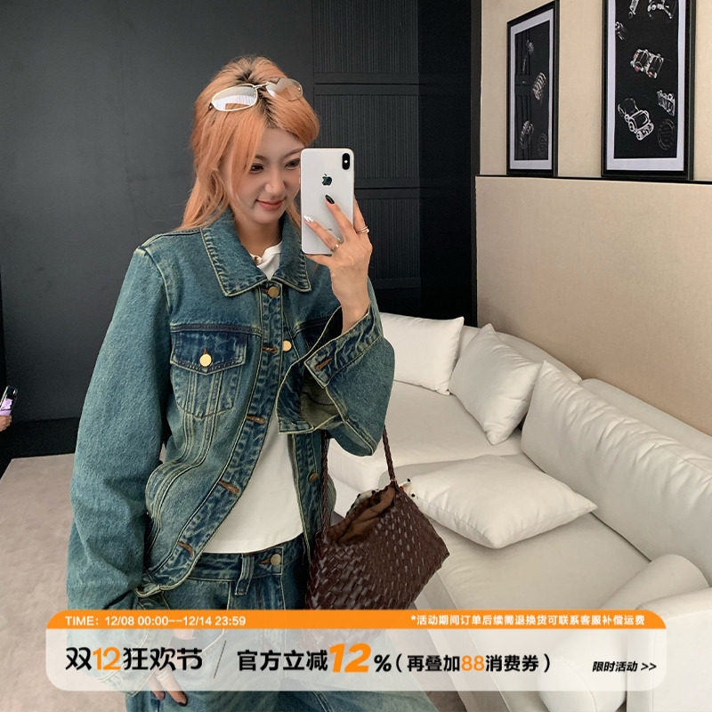 饭饭又饿了复古蓝色牛仔外套女秋