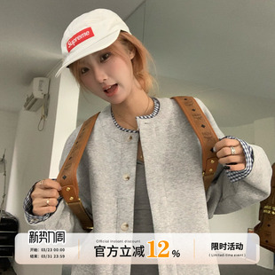 饭饭又饿了美式复古拼接外套女春季情侣款外搭宽松休闲假两件上衣