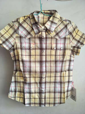 黄色格子贴布绣短袖衬衣