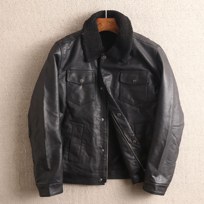 出口美国单加绒翻领多口袋皮衣