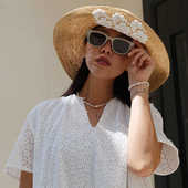 MAGENA拉菲草卷边草帽法式 蕾丝花朵太阳帽夏