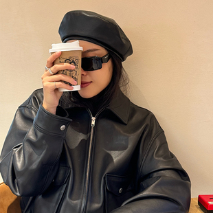 MAGENA英伦复古风柔软小羊皮贝雷帽女优雅黑色真皮画家帽秋冬帽子