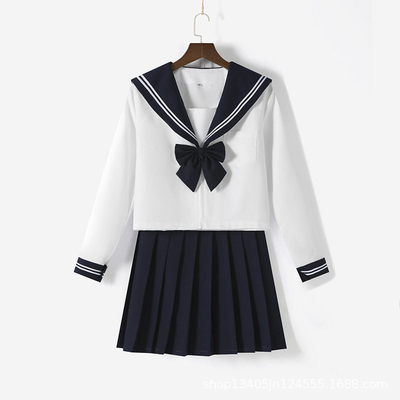 日系基础款jk制服绀领白二本水手服春秋长袖百褶裙毕业季学生校服
