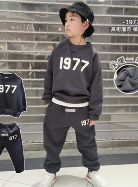 男童加绒卫衣卫裤儿童秋冬套装潮牌童装纯棉灰色厚圆领衫运动长裤