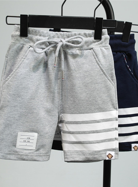 夏季新款女童男童纯棉潮牌四道杠五分裤 薄短裤 宝宝灰色蓝色中裤