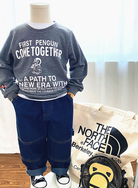 儿童卫衣2025春潮牌童装男女童纯棉企鹅刺绣圆领衫中大童灰色上衣